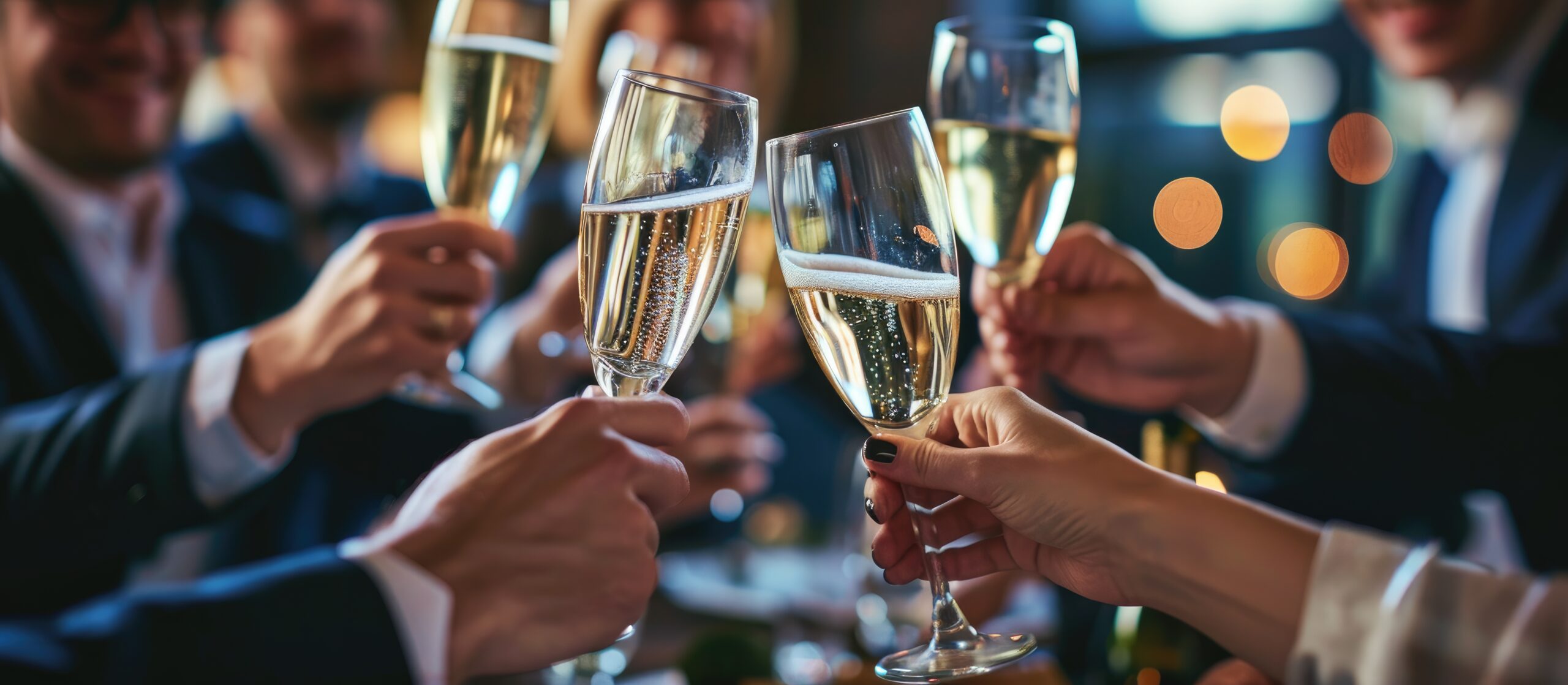 Group of intercultural business people in formalwear looking at man with flute of champagne pronouncing toast for successful project. Copy space image. Place for adding text